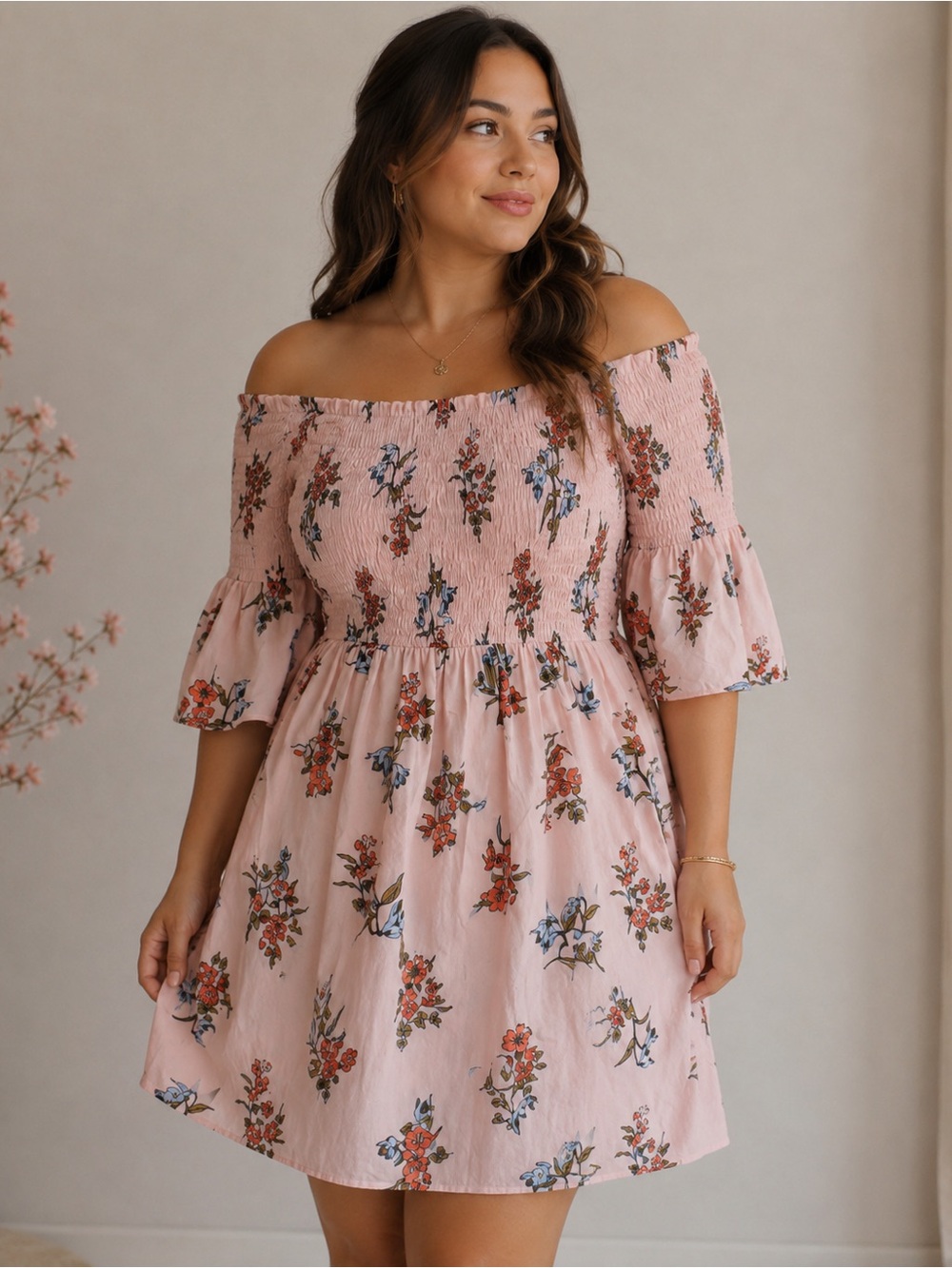 Donna Morgan | Pink Floral Smocked Off Shoulder Dress - Size 14